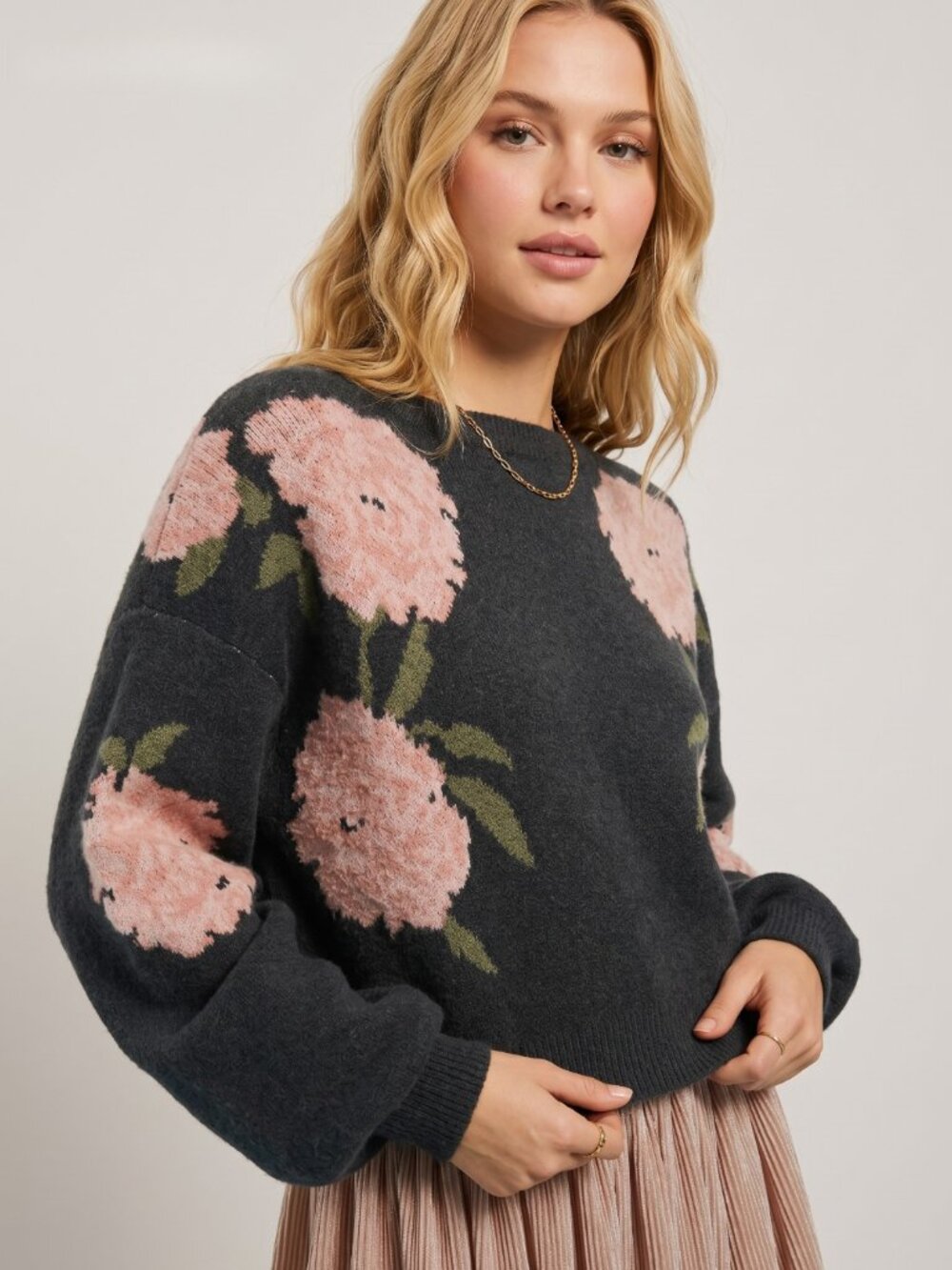 Women's Black Floral Knit Sweater Off Shoulder Boat Neck Pullover Top - Picture 5 of 6